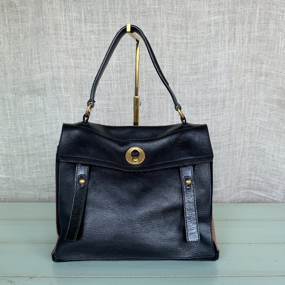 Yves Saint Laurent Black Leather Top-Handle Satchel with Gold Hardware